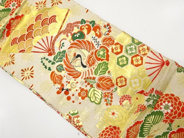 JAPANESE KIMONO / ANTIQUE MARU OBI / WOVEN CRANE & PAULOWNIA